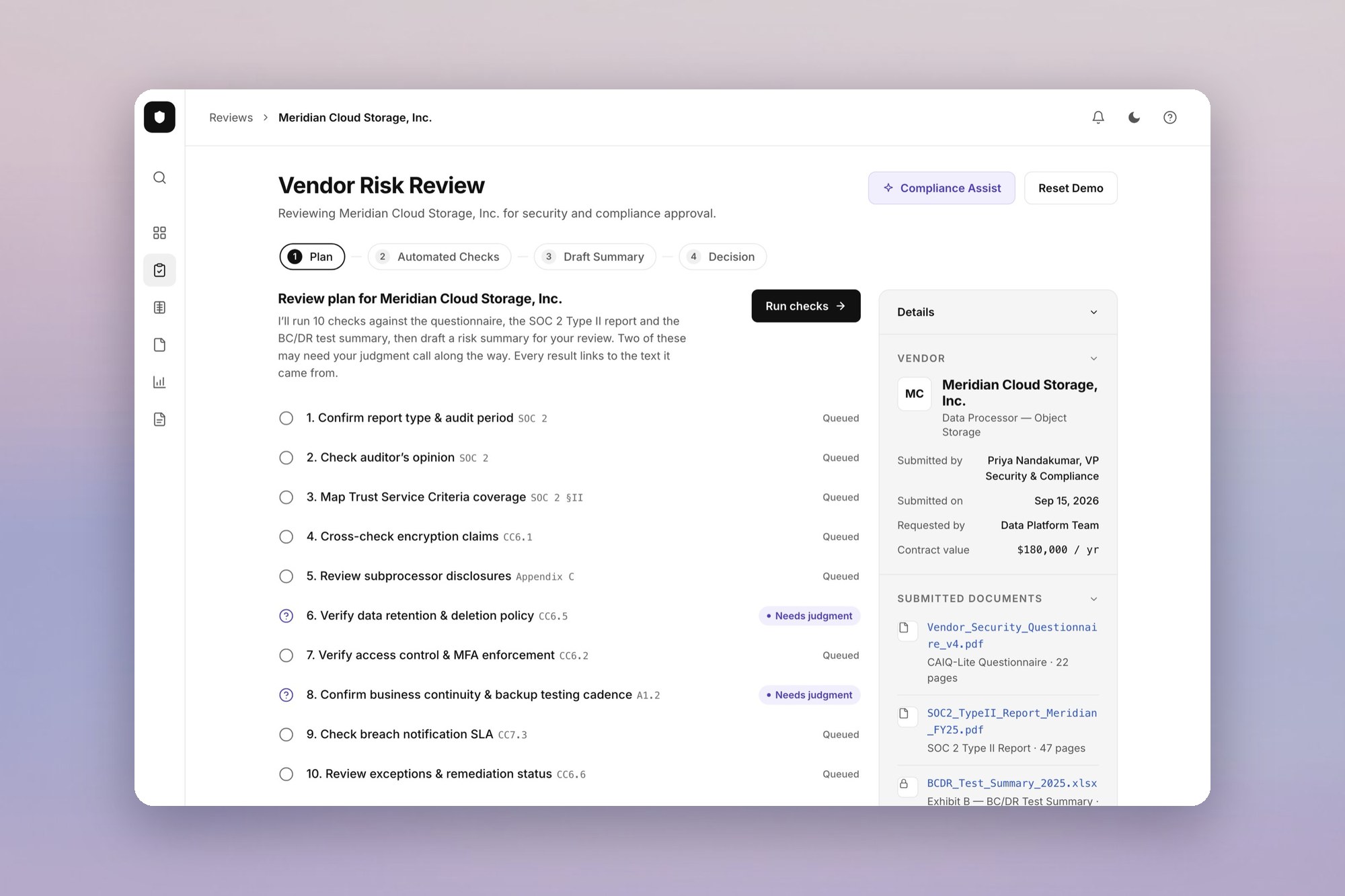Vendor Risk Review prototype: the review plan with 10 checks, 2 marked Needs judgment