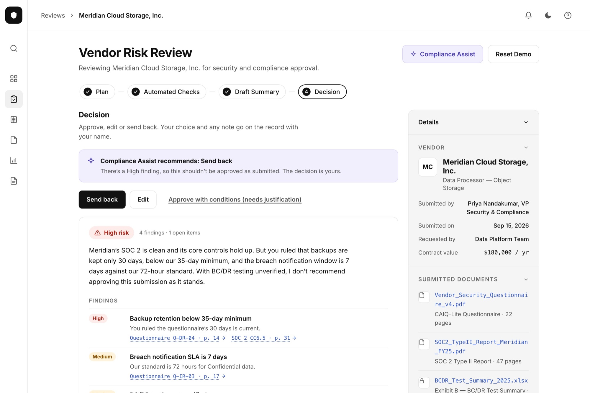Decision step at High risk: Send back is the main button, and approving needs a justification